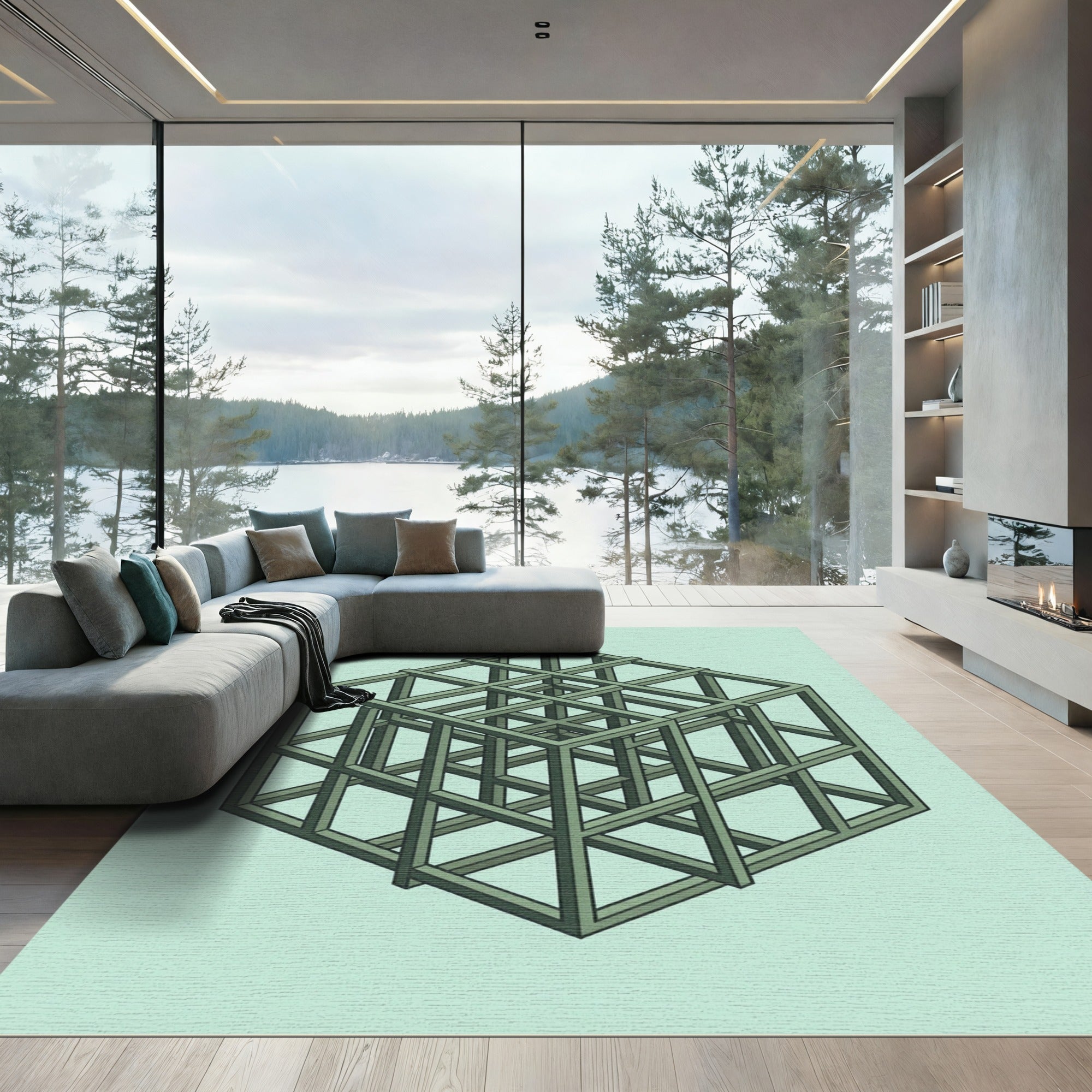 Green Geometric Illusion Cube Rug