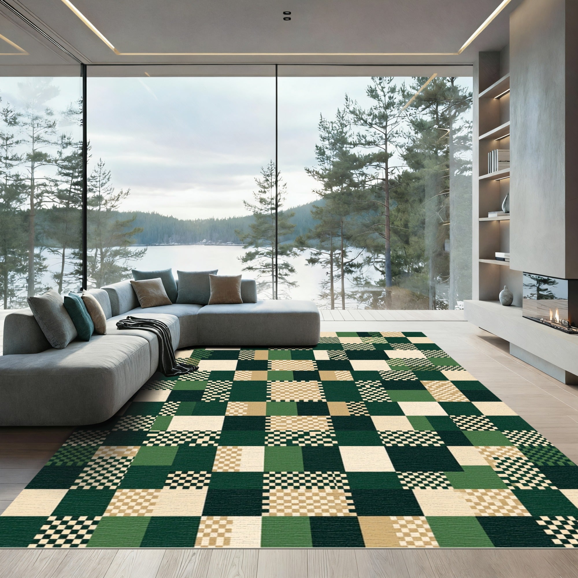 Green Beige Black Checkerboard Squares Rug
