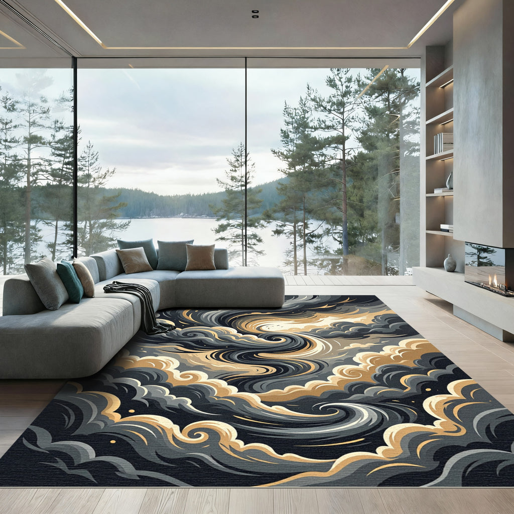 Abstract Swirling Golden Charcoal Clouds Rug