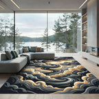 Abstract Swirling Golden Charcoal Clouds Rug