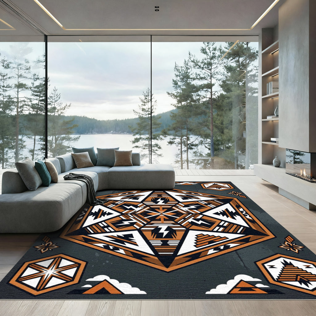 Earthy Hexagonal Geometric Aztec Symbol Rug