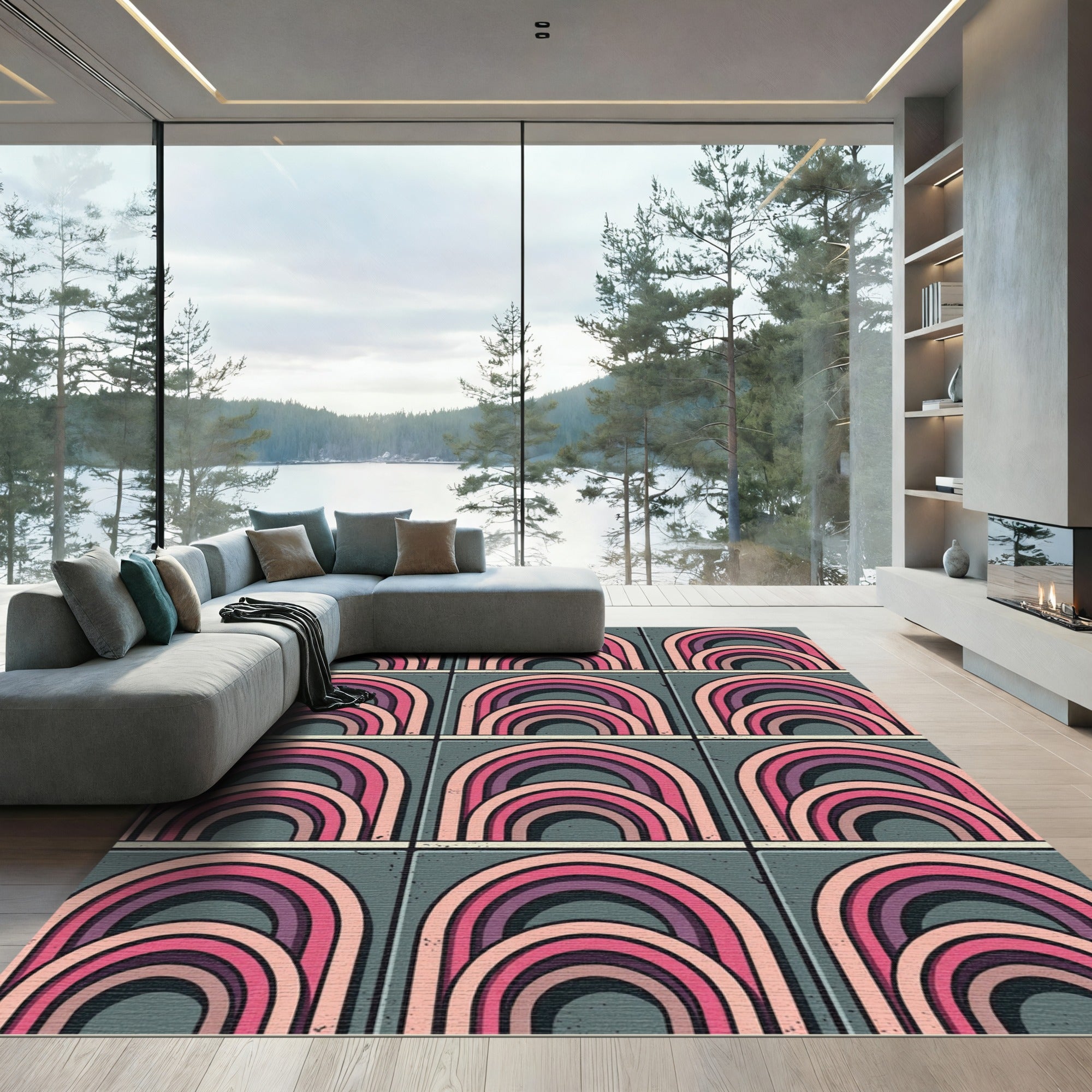 Retro Pink Layered Rainbow Rug