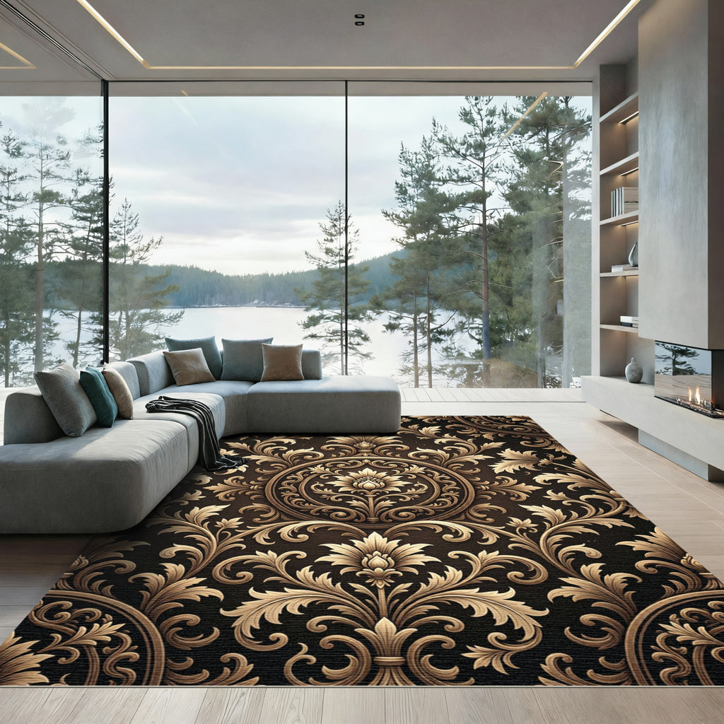 Ornate Golden Filigree Damask Scroll Rug