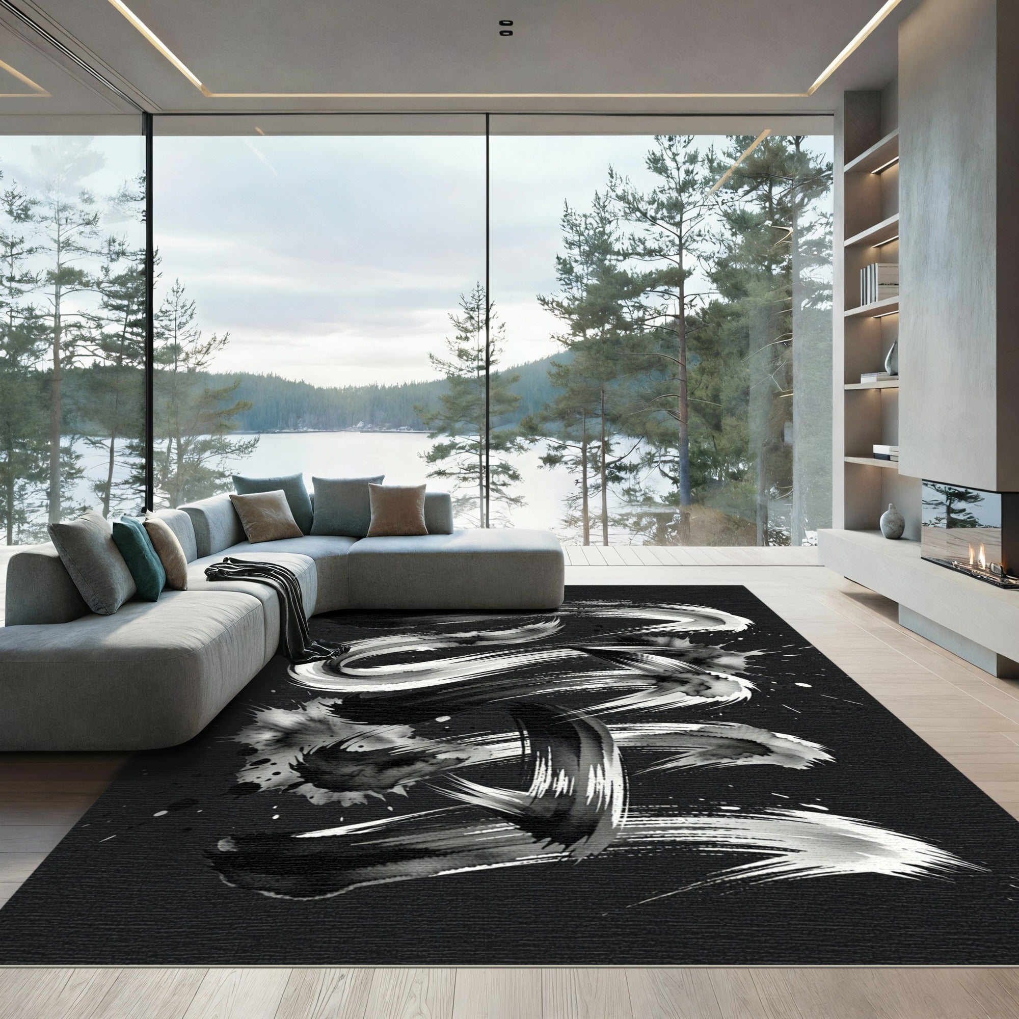 Monochromatic Black and White Ink Swirl Rug