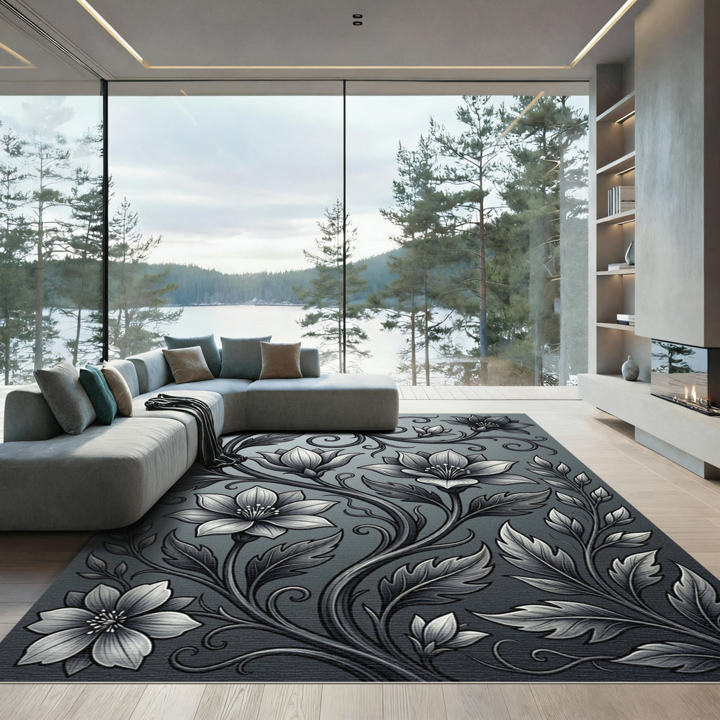 Ornate Monochrome Floral Vine Rug