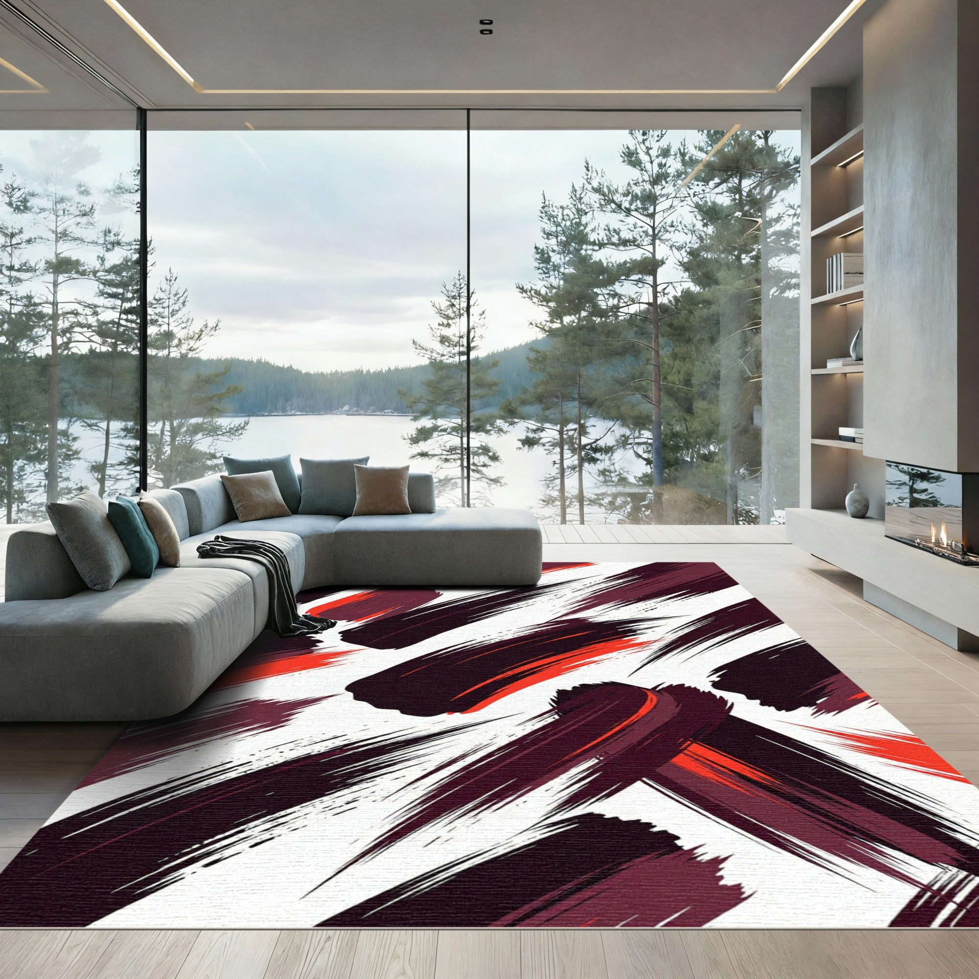 Crimson Paint Brush Strokes Rug