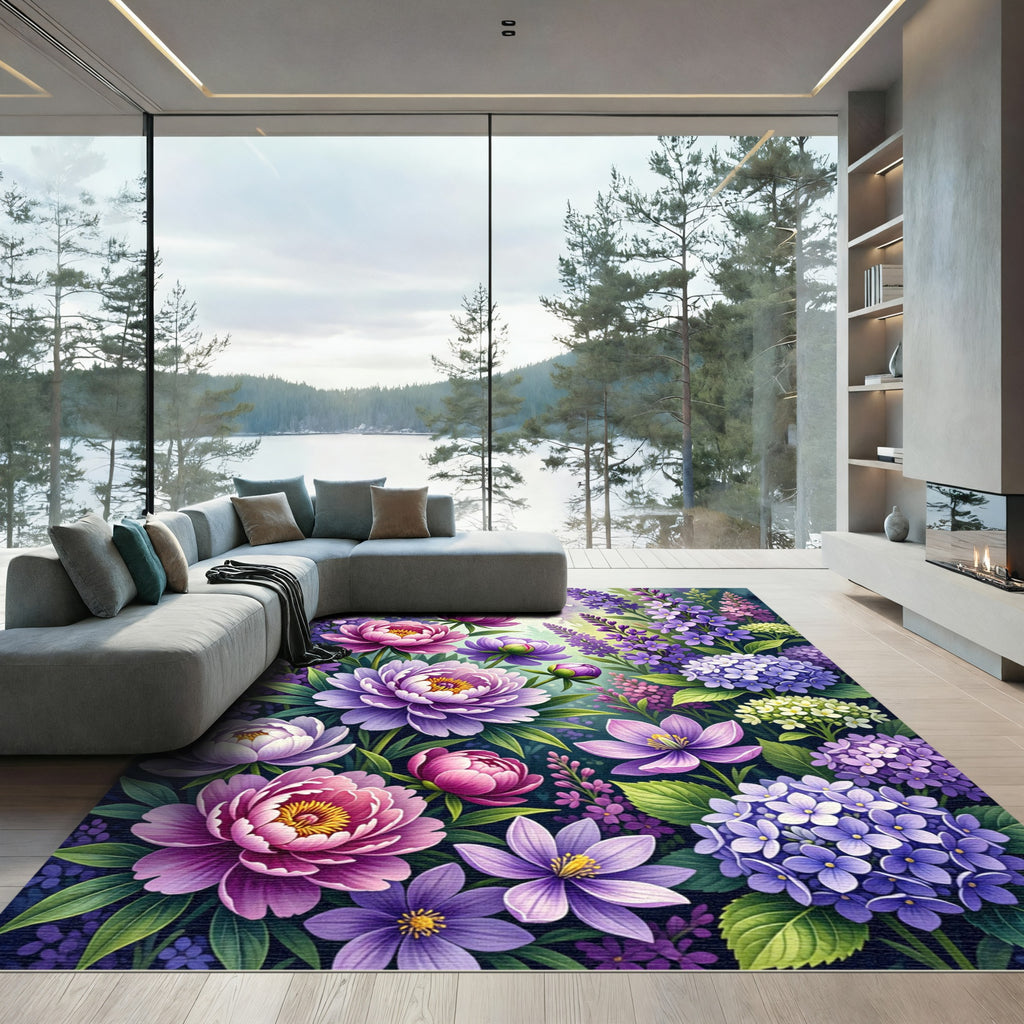 Vibrant Lilac Peony Garden Blossom Rug