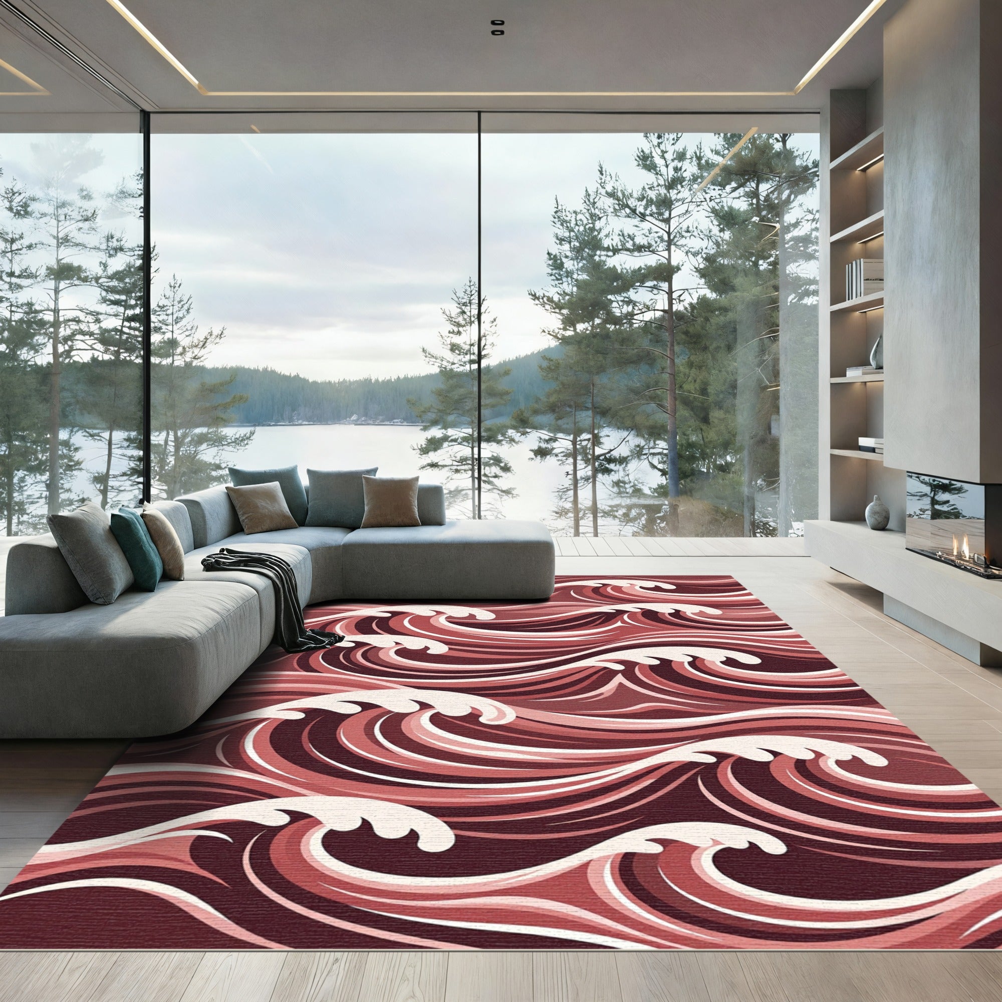 Deep Red Swirling Ocean Waves Rug