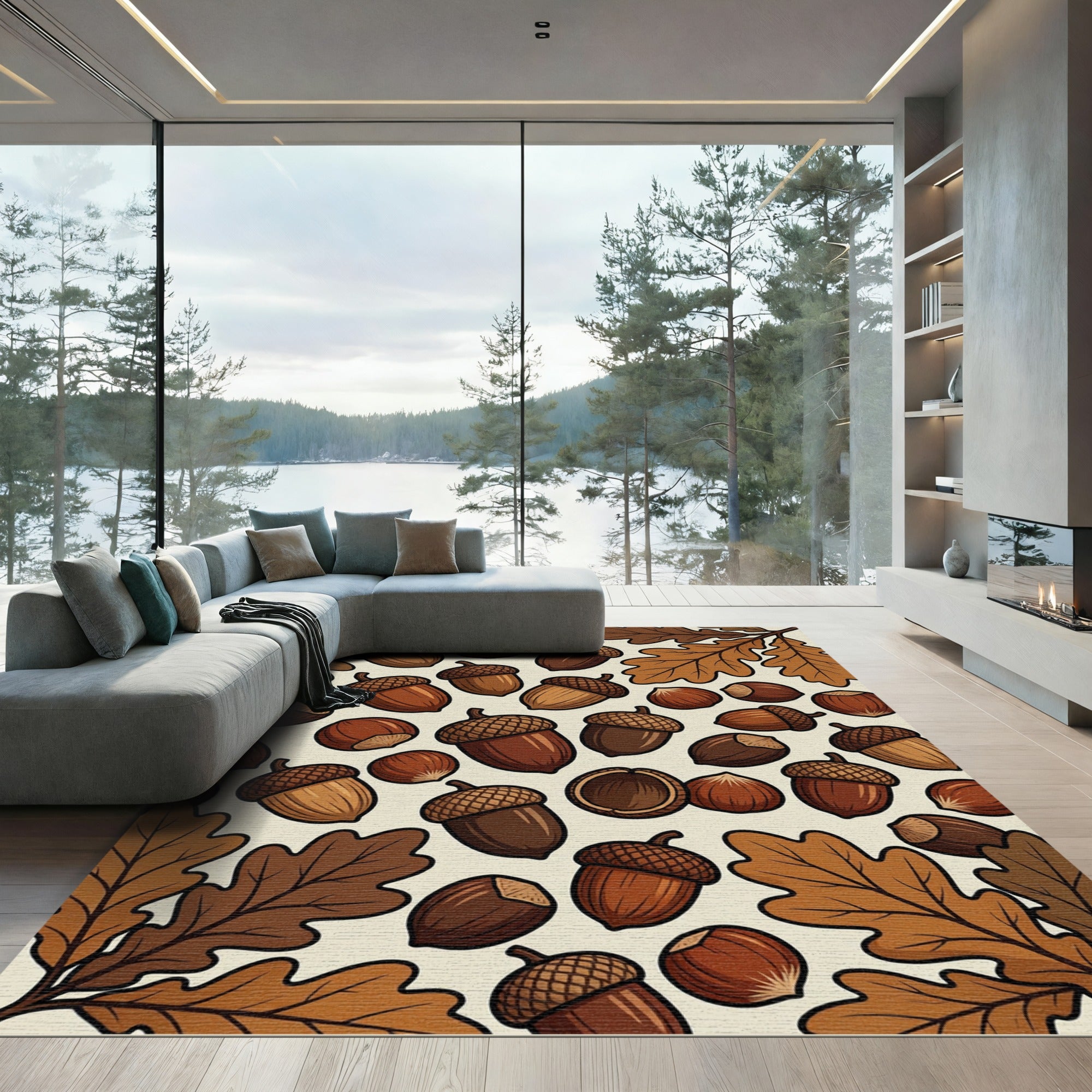 Autumn Acorn Hazelnut Oak Leaf Pattern Rug