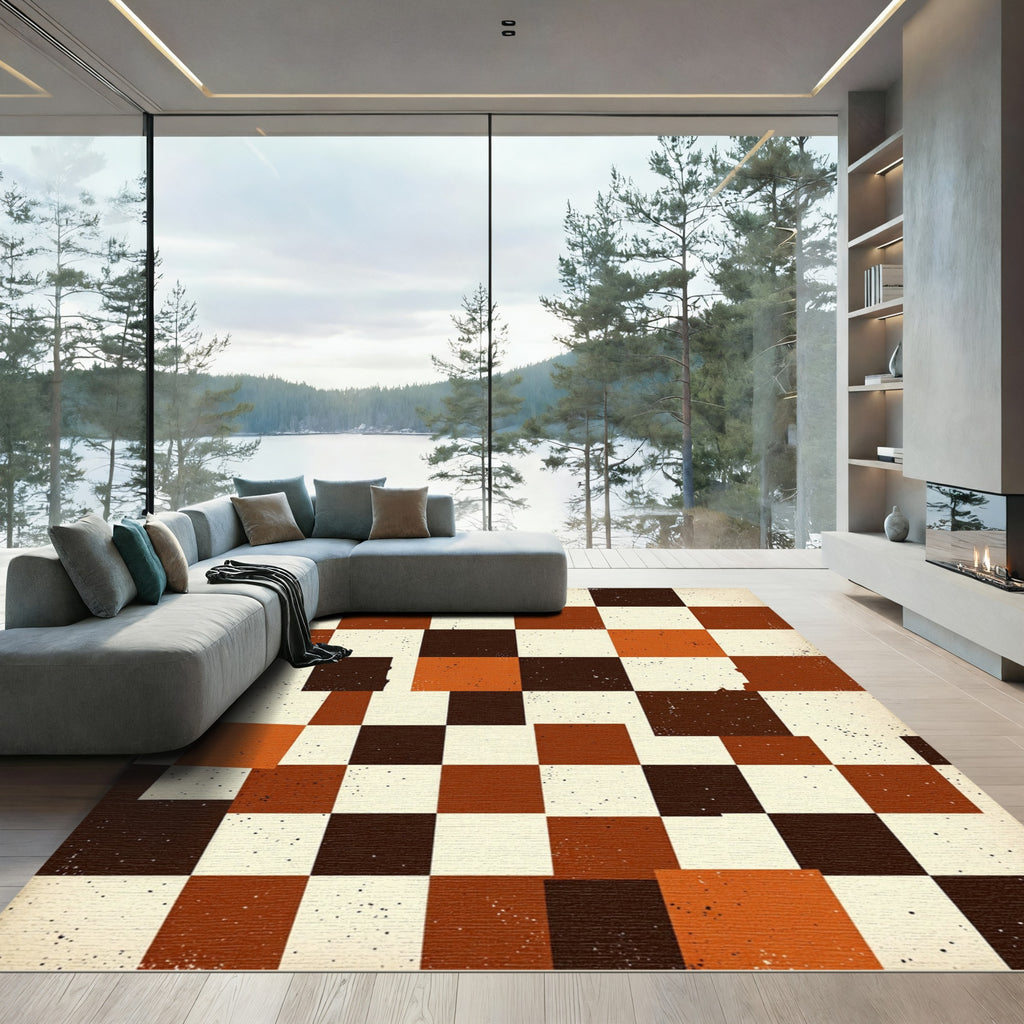 Midcentury Modern Burnt Orange Checkered Grid Rug