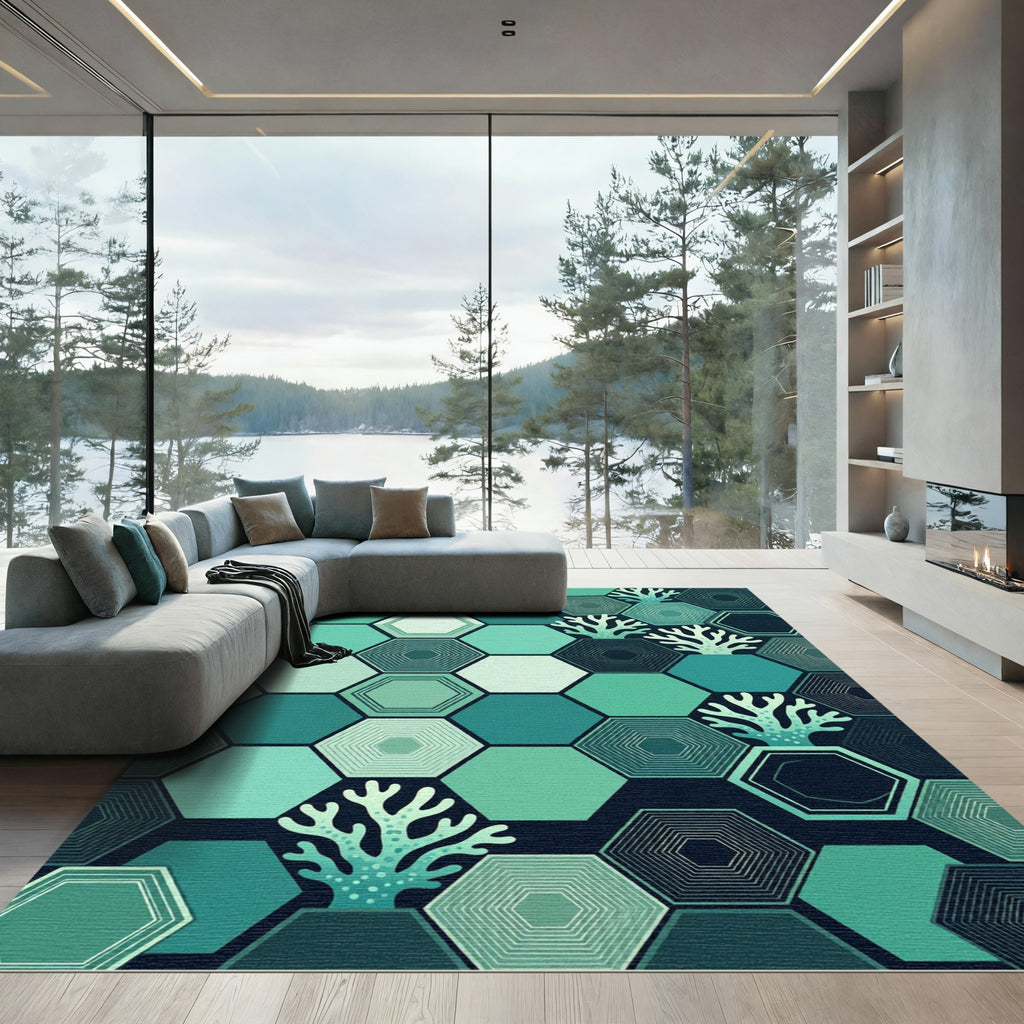 Geometric Teal Hexagon Coral Reef Rug