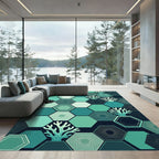 Geometric Teal Hexagon Coral Reef Rug