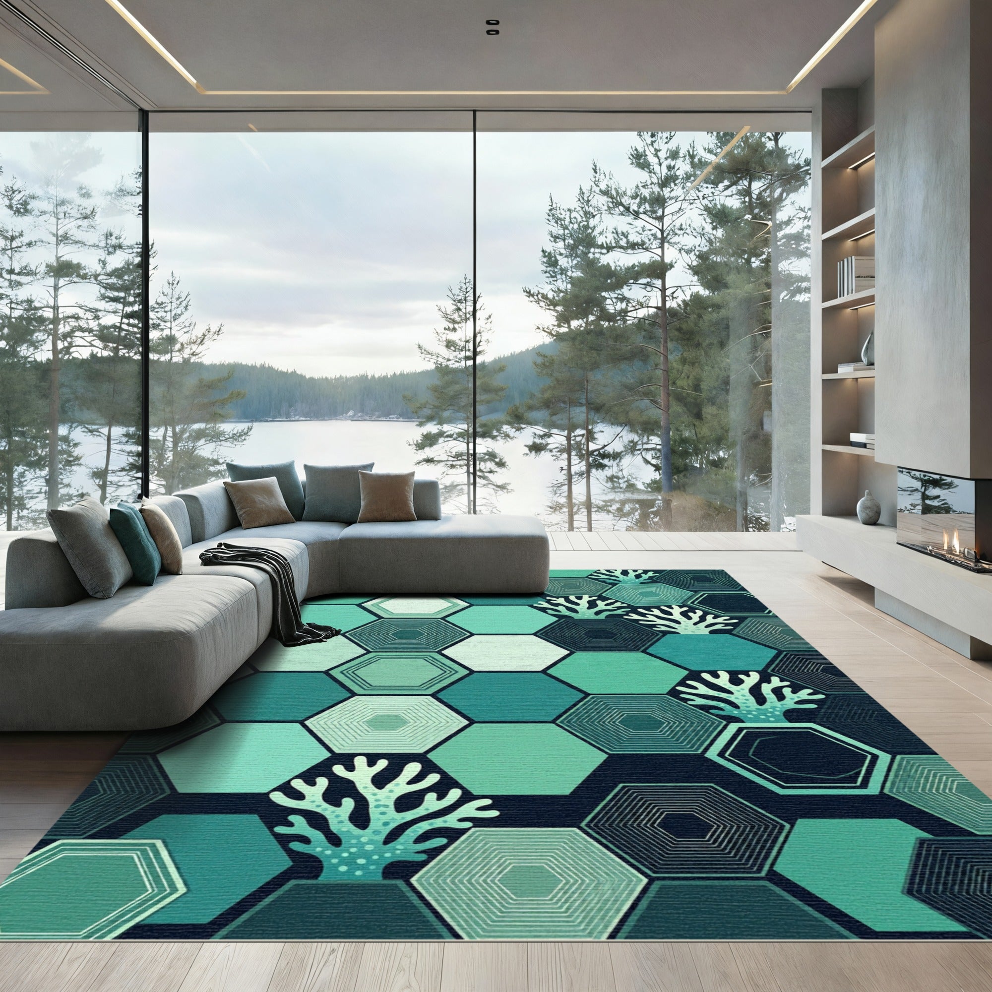 Geometric Teal Hexagon Coral Reef Rug