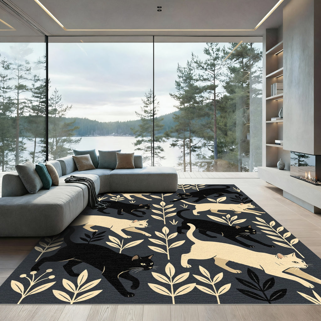 Elegant Monochrome Cat and Foliage Rug