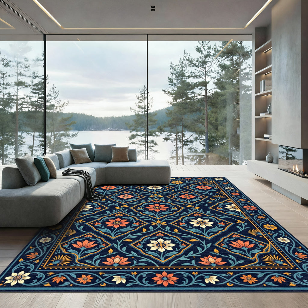Midnight Navy Floral Diamond Mosaic Rug