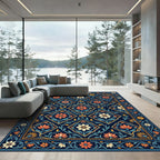 Midnight Navy Floral Diamond Mosaic Rug
