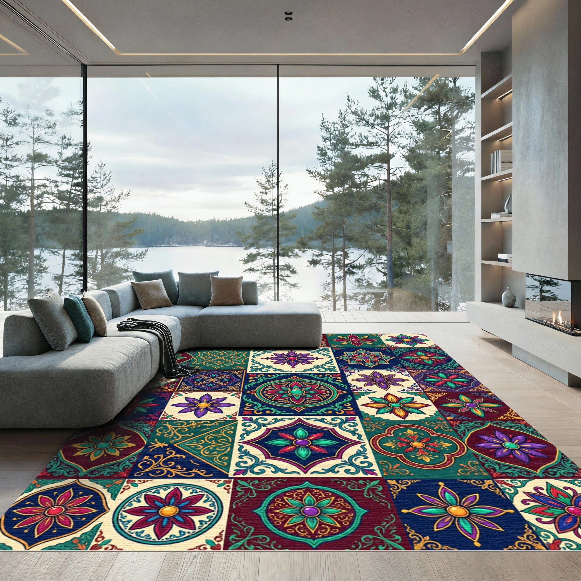 Vibrant Jewel Tone Floral Medallion Tiles Rug