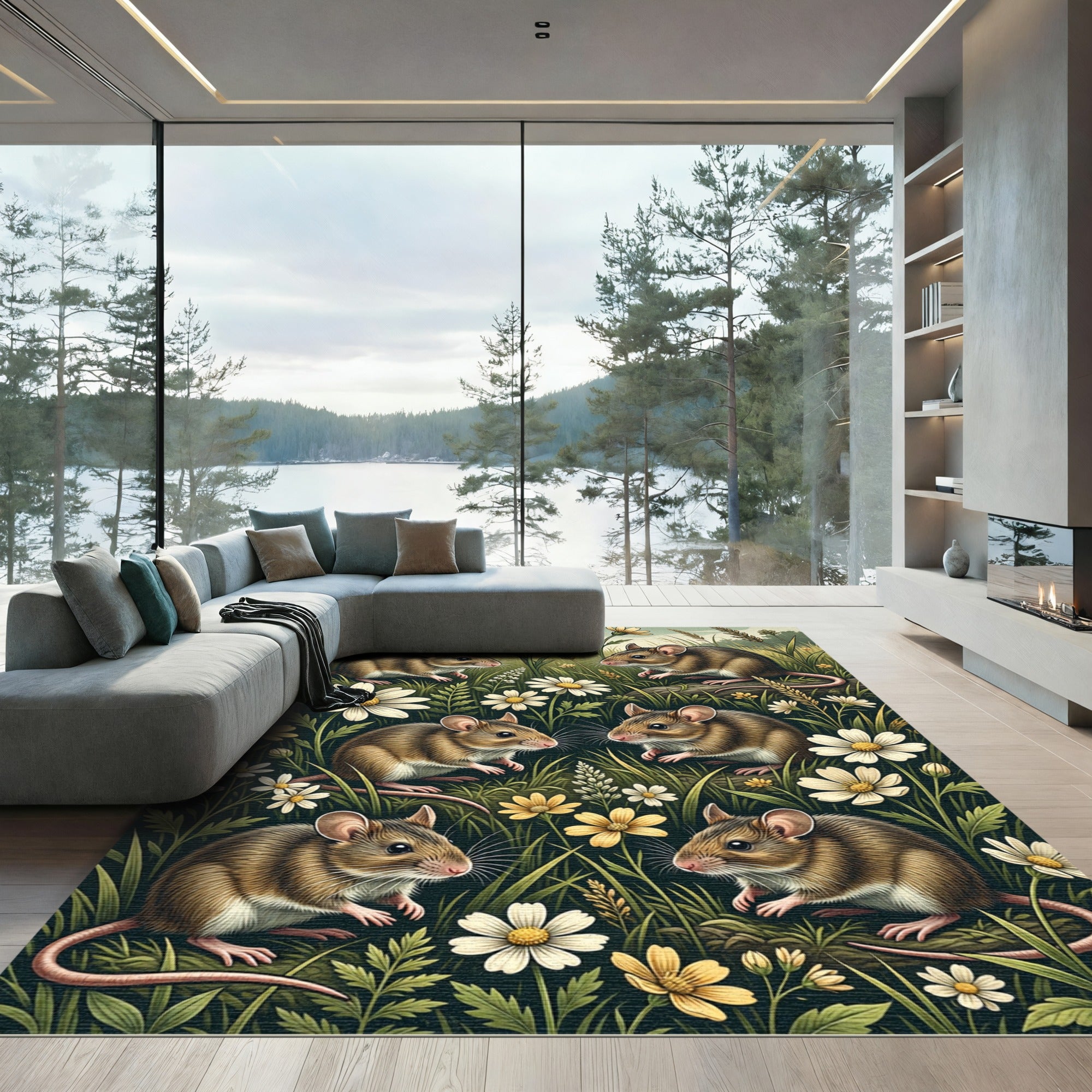 Whimsical Meadow Mice with Wildflowers Rug