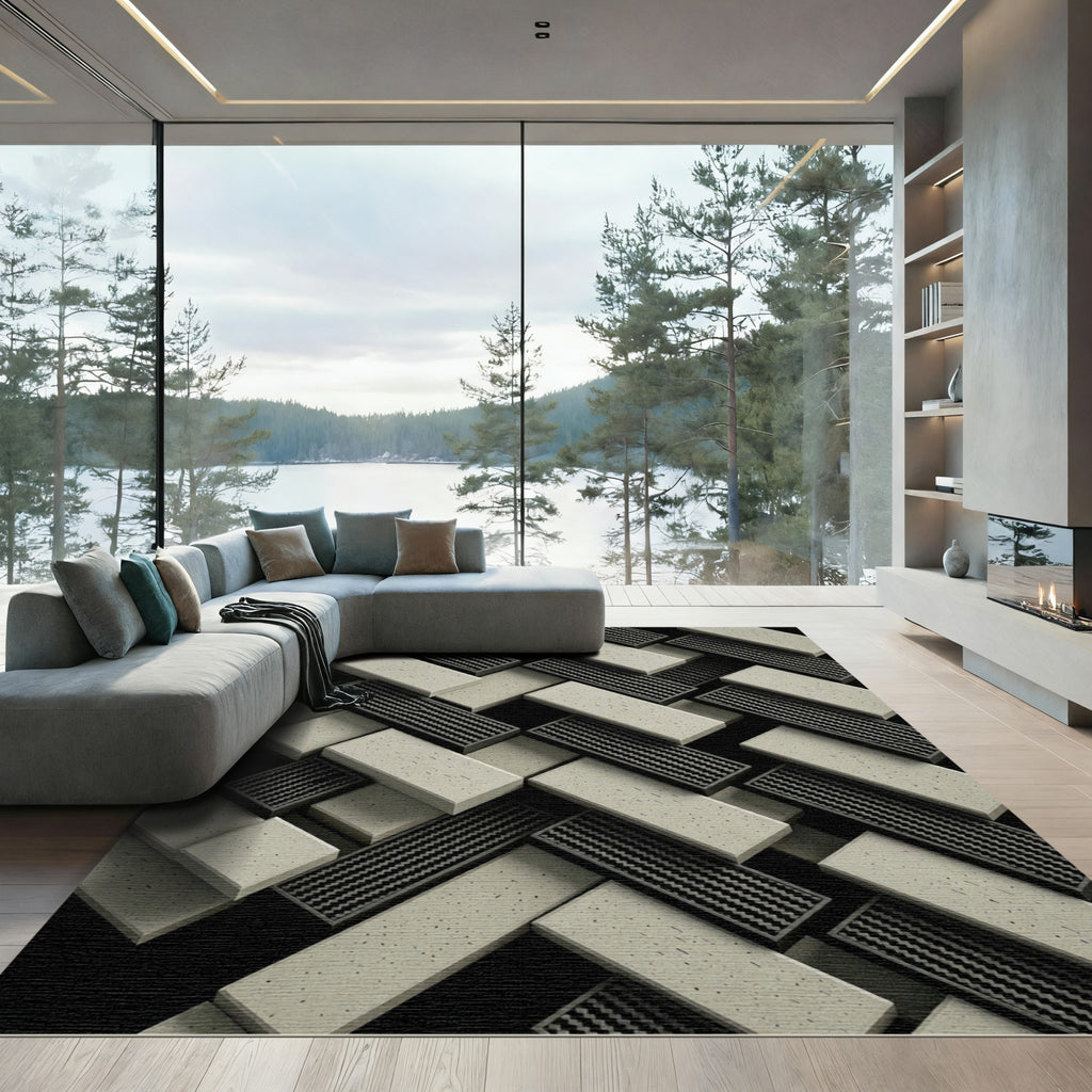 Monochrome Geometric Herringbone Concrete Texture Rug