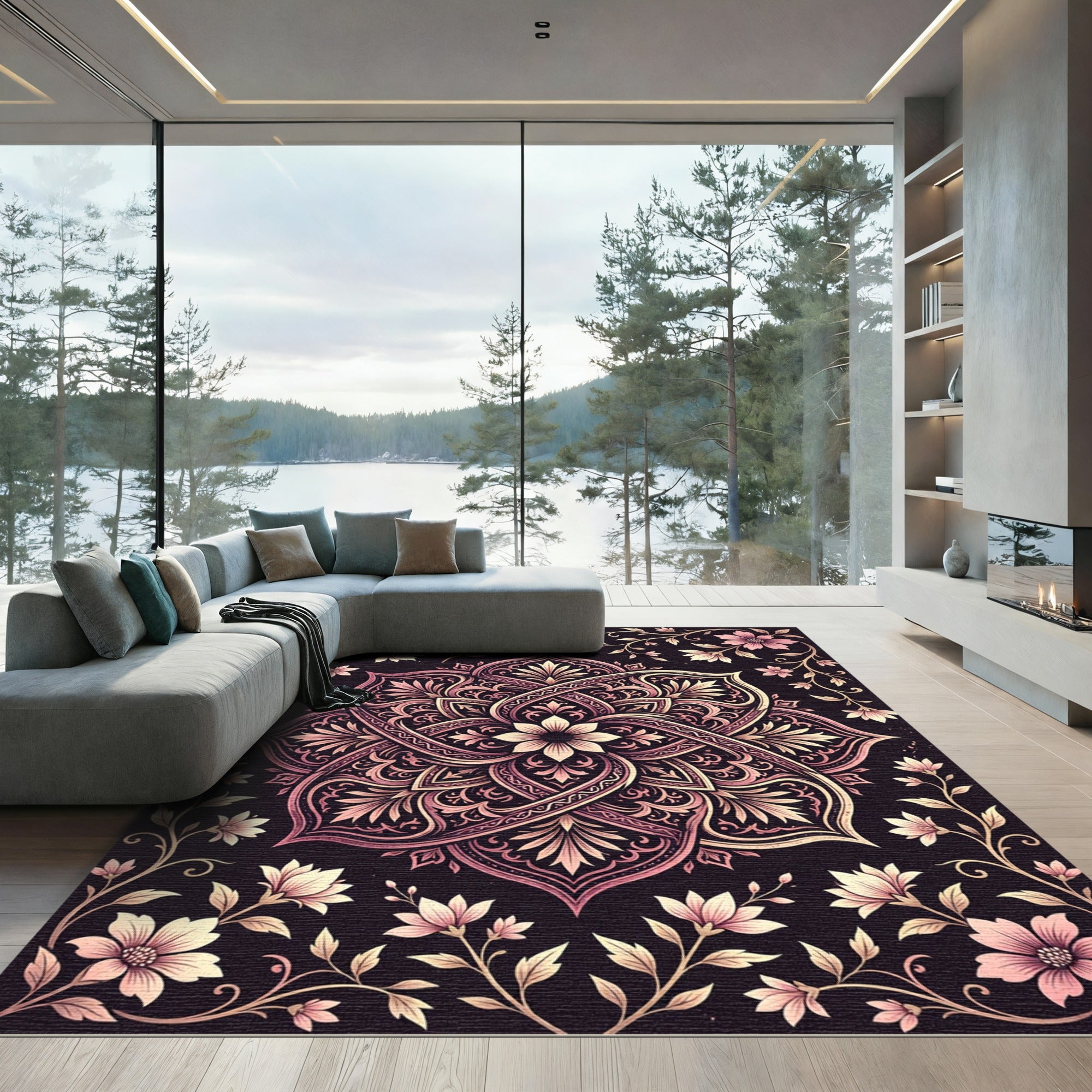 Ornate Rose Gold Floral Mandala Rug