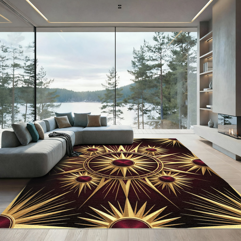 Gilded Crimson Sunburst Geometric Medallion Rug
