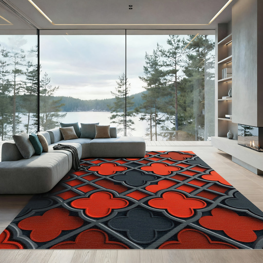 Modern Gray Red Quatrefoil Lattice Rug