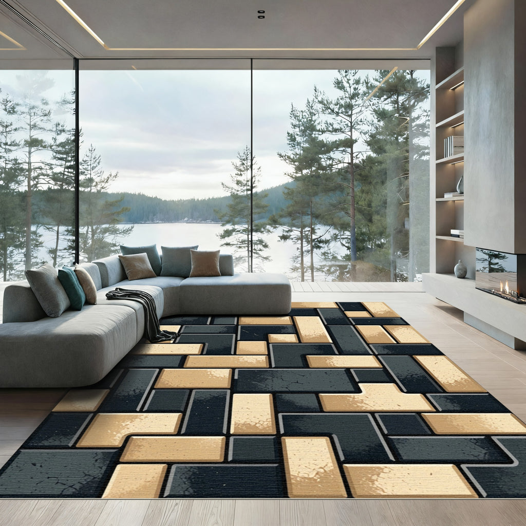 Black Tan Interlocking Rectangles Rug