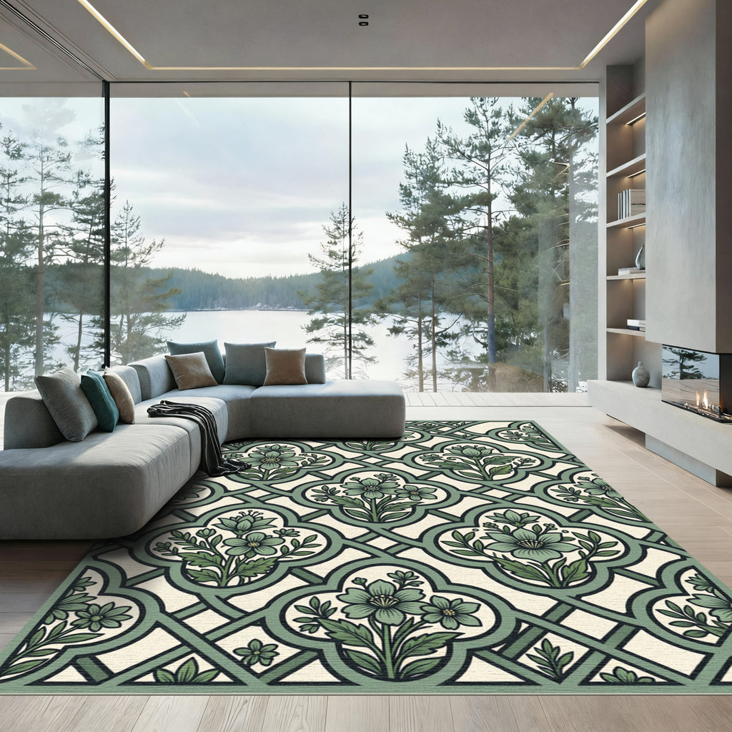 Sage Green Botanical Trellis Floral Rug