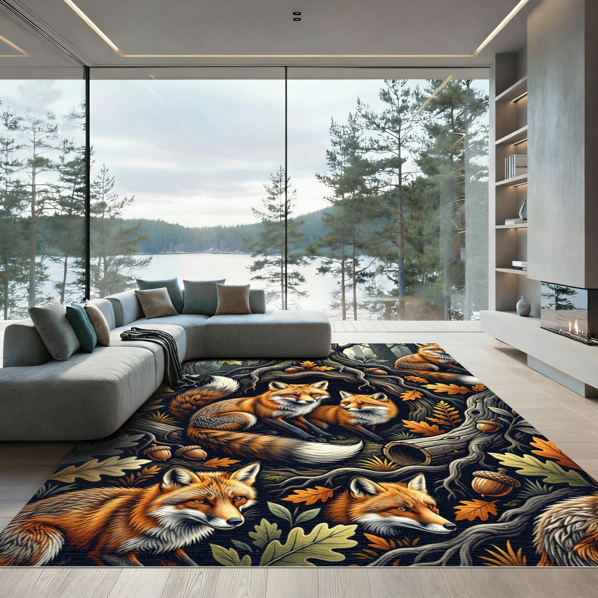 Enchanted Forest Fox and Acorn Illustration Rug