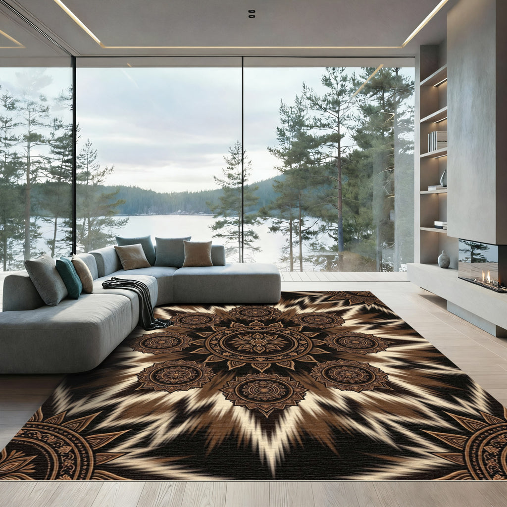 Earthy Brown Radiant Mandala Sunburst Rug