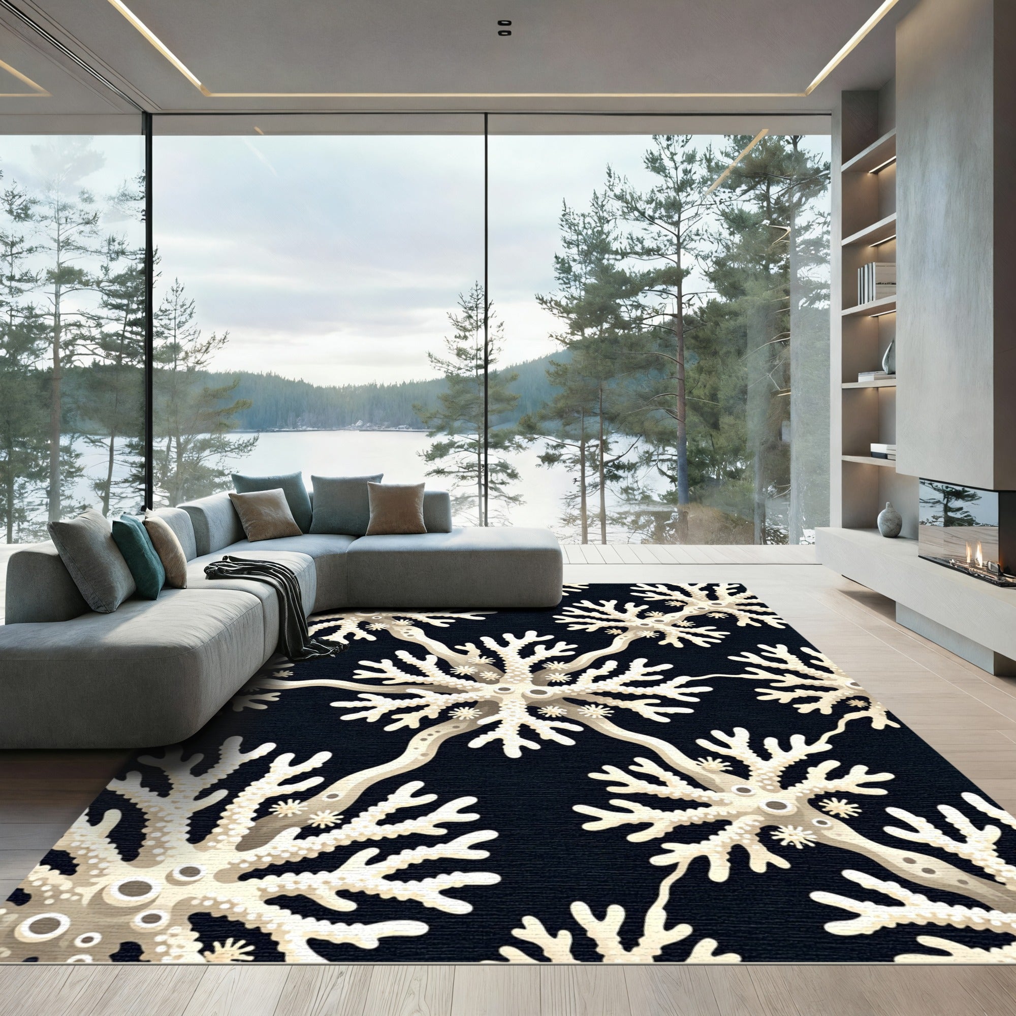 Beige Coral Black Underwater Pattern Rug