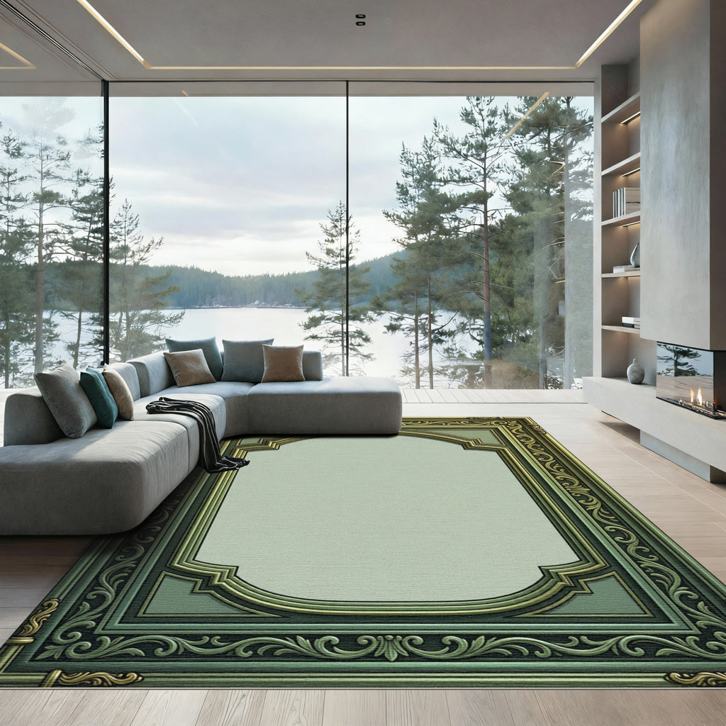 Ornate Green Gold Arch Oval Rug