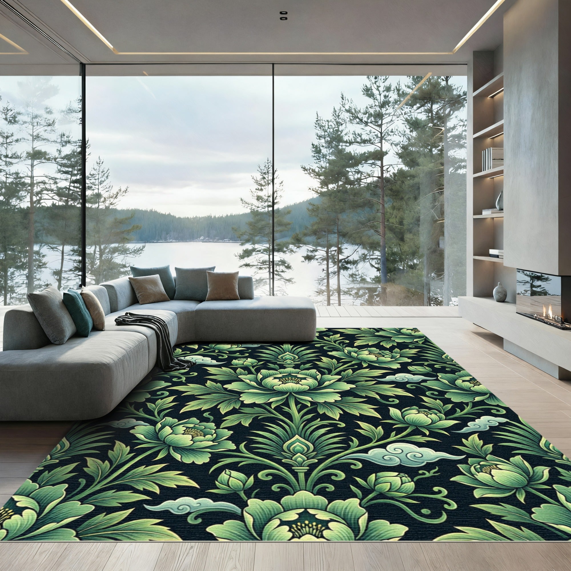 Jade Green Floral Scroll Cloud Rug