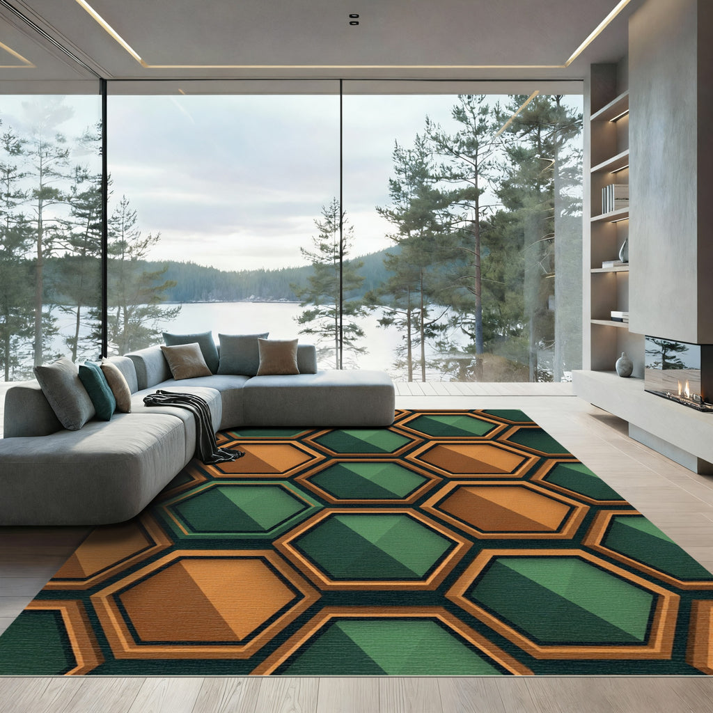Geometric Hexagon Emerald and Burnt Orange Rug