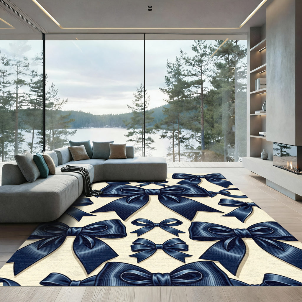 Elegant Navy Bow Ribbon Graphic Rug