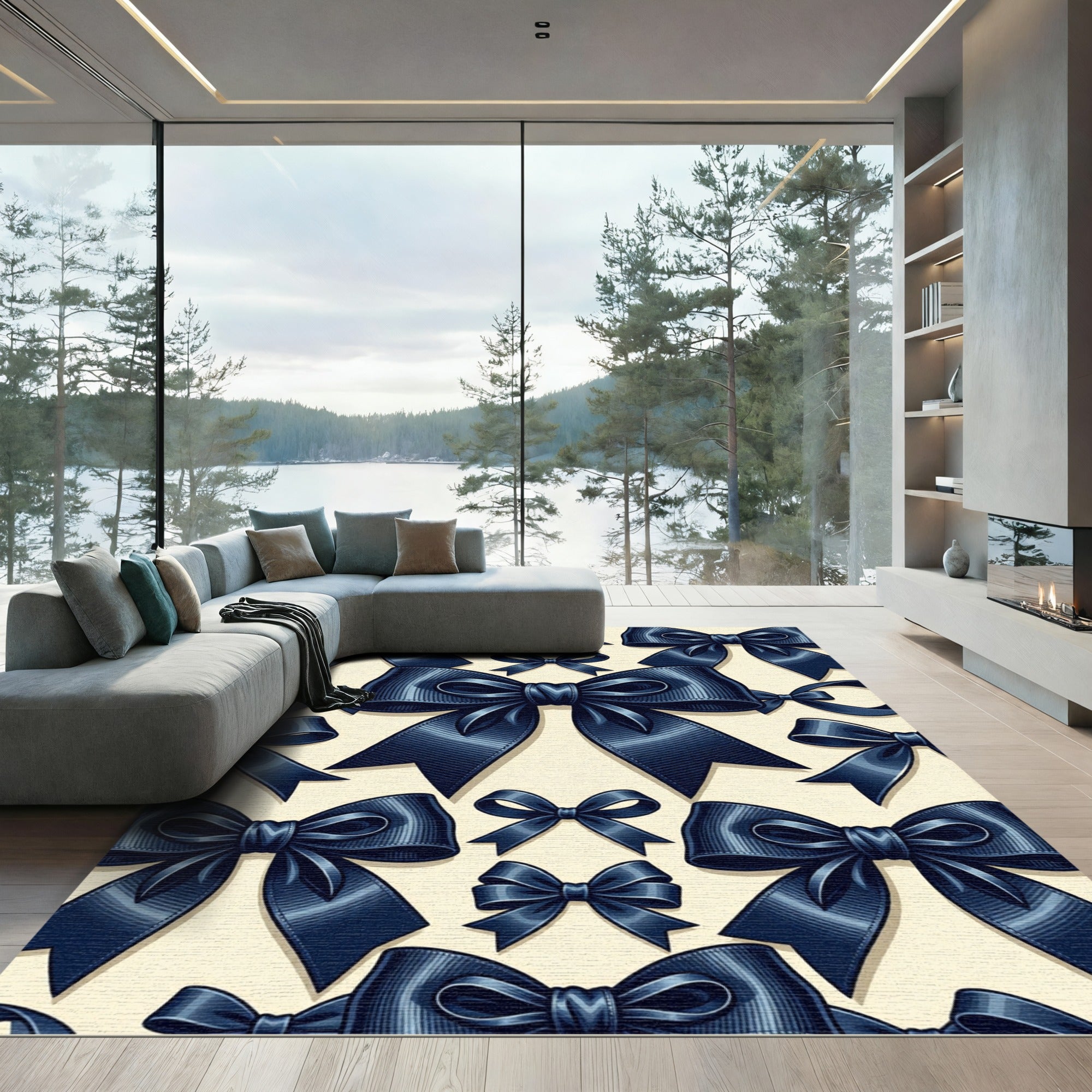 Elegant Navy Bow Ribbon Graphic Rug