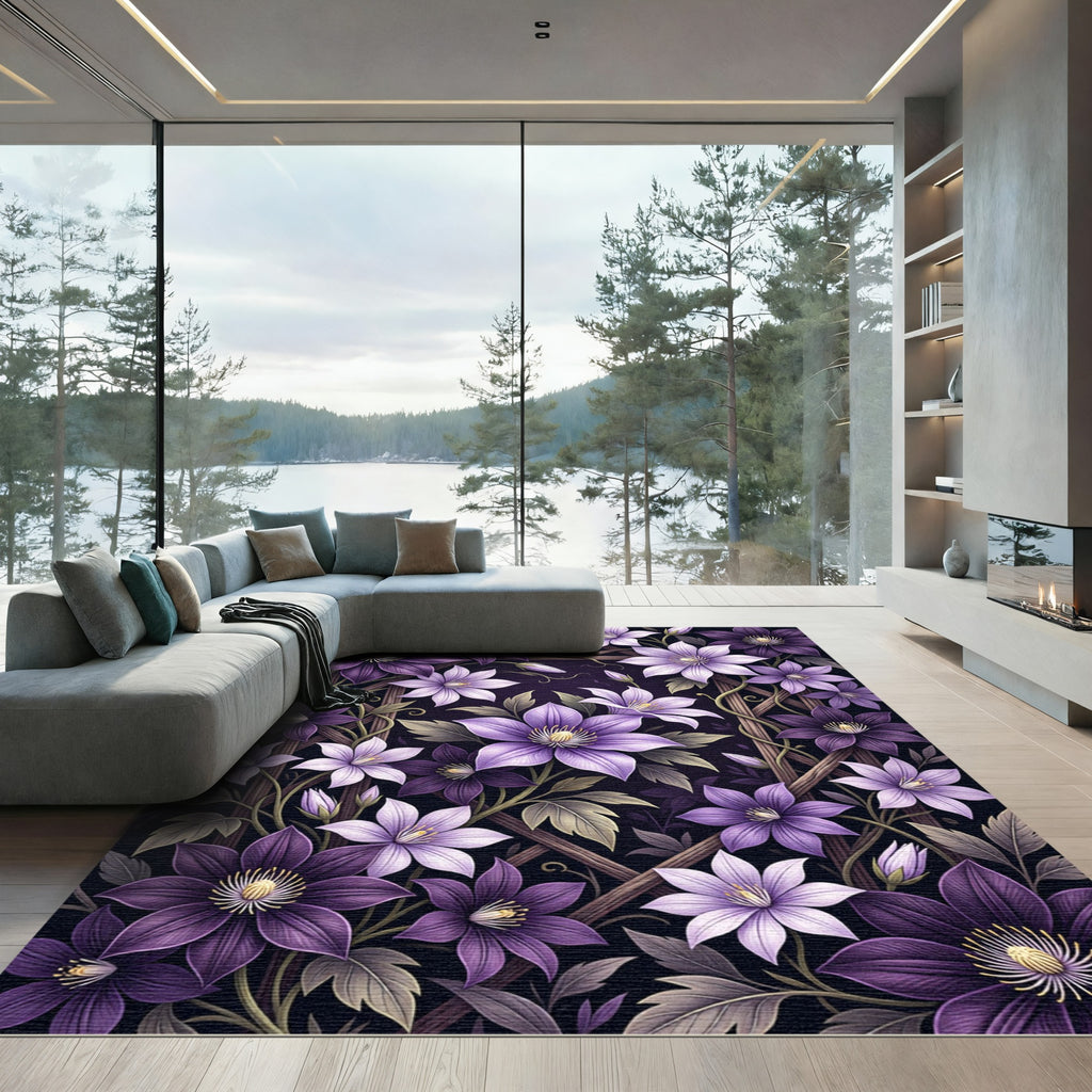 Elegant Purple Clematis Floral Trellis Rug