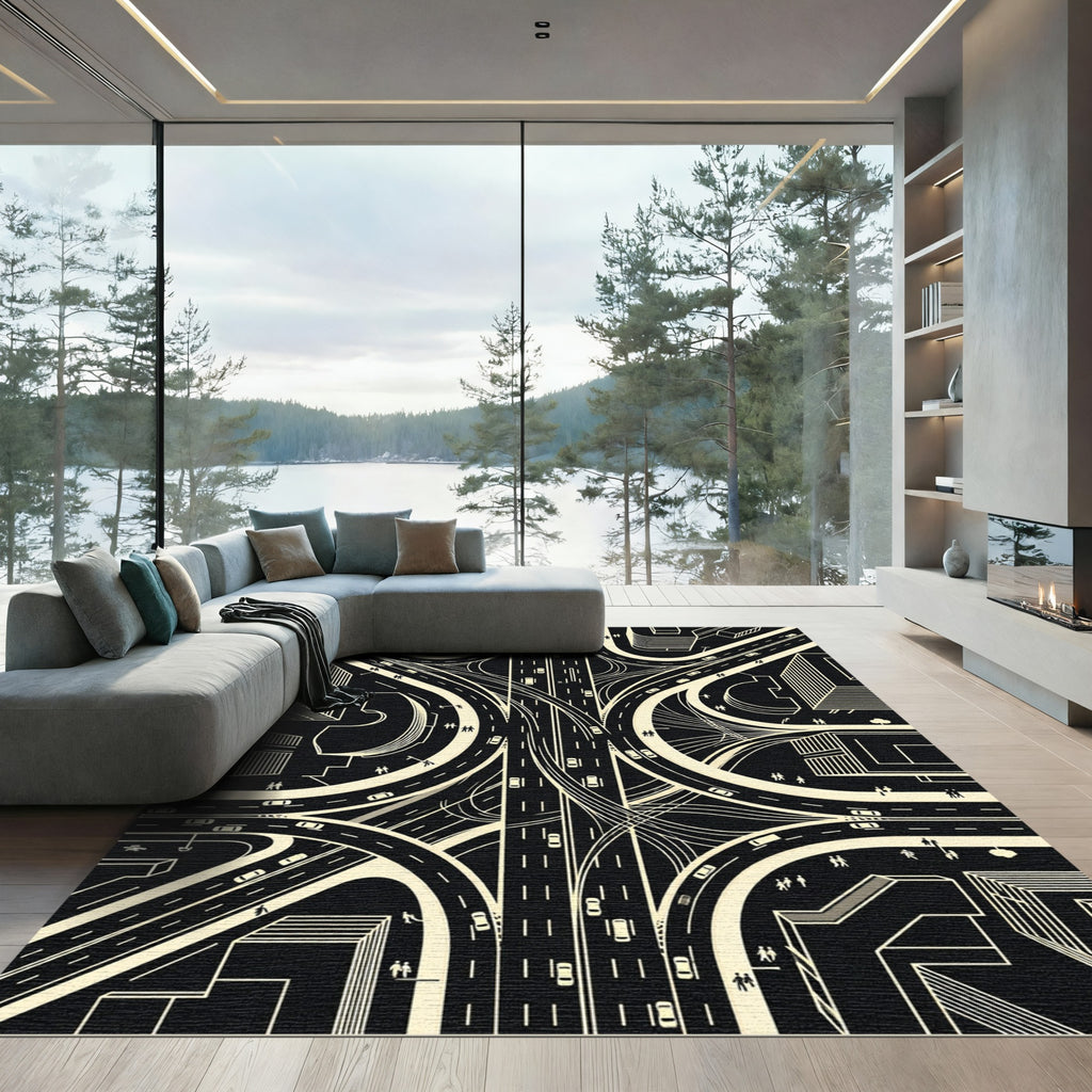 Modern Monochrome Architectural Highway Cityscape Rug