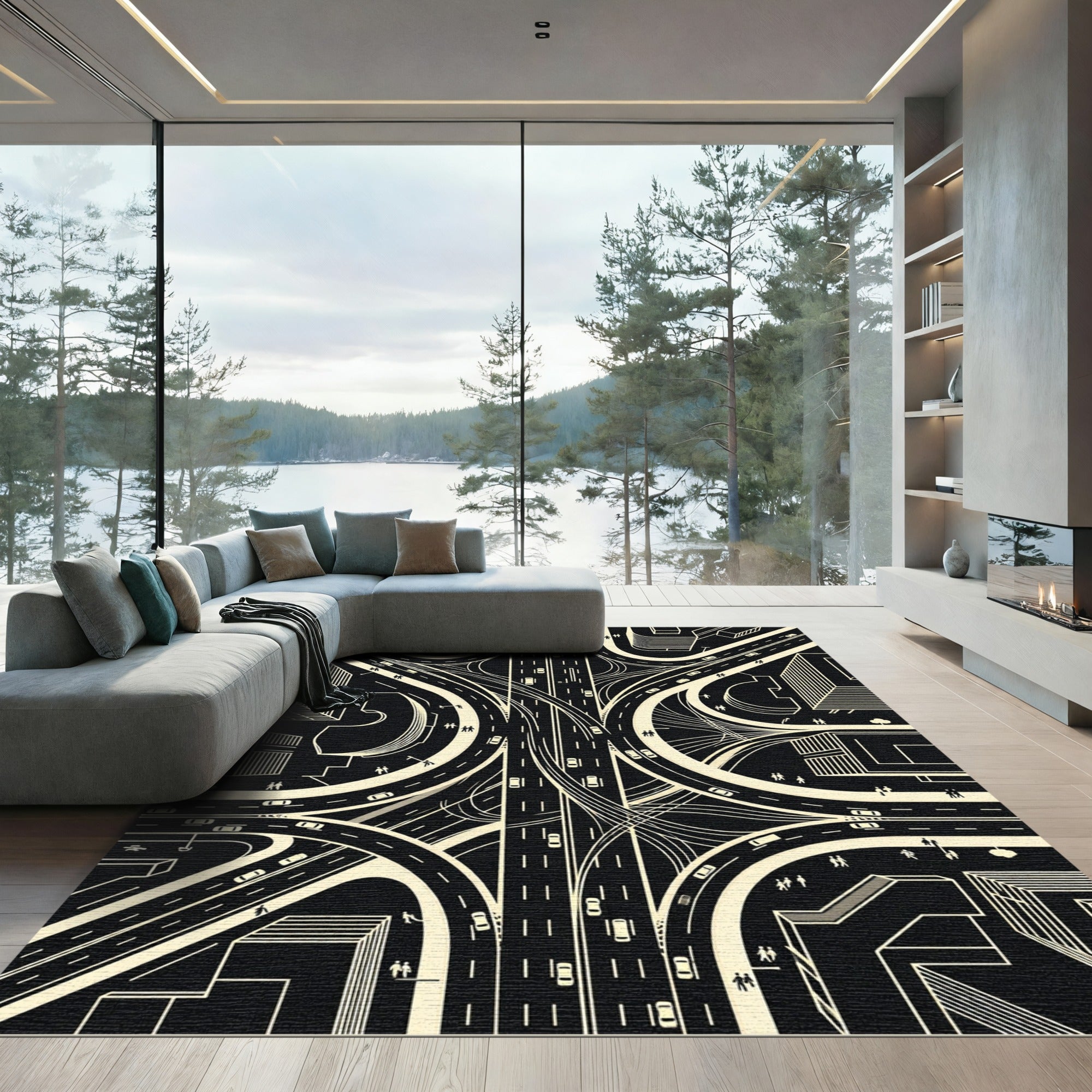 Modern Monochrome Architectural Highway Cityscape Rug