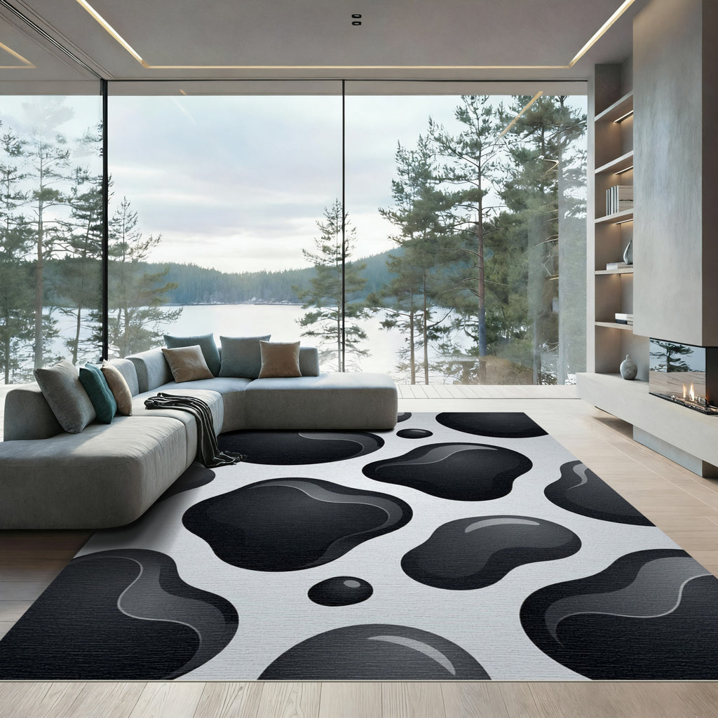 Modern Monochrome Abstract Fluid Ooze Rug