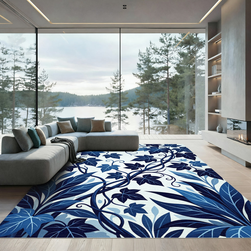 Deep Blue Botanical Vine Swirl Rug