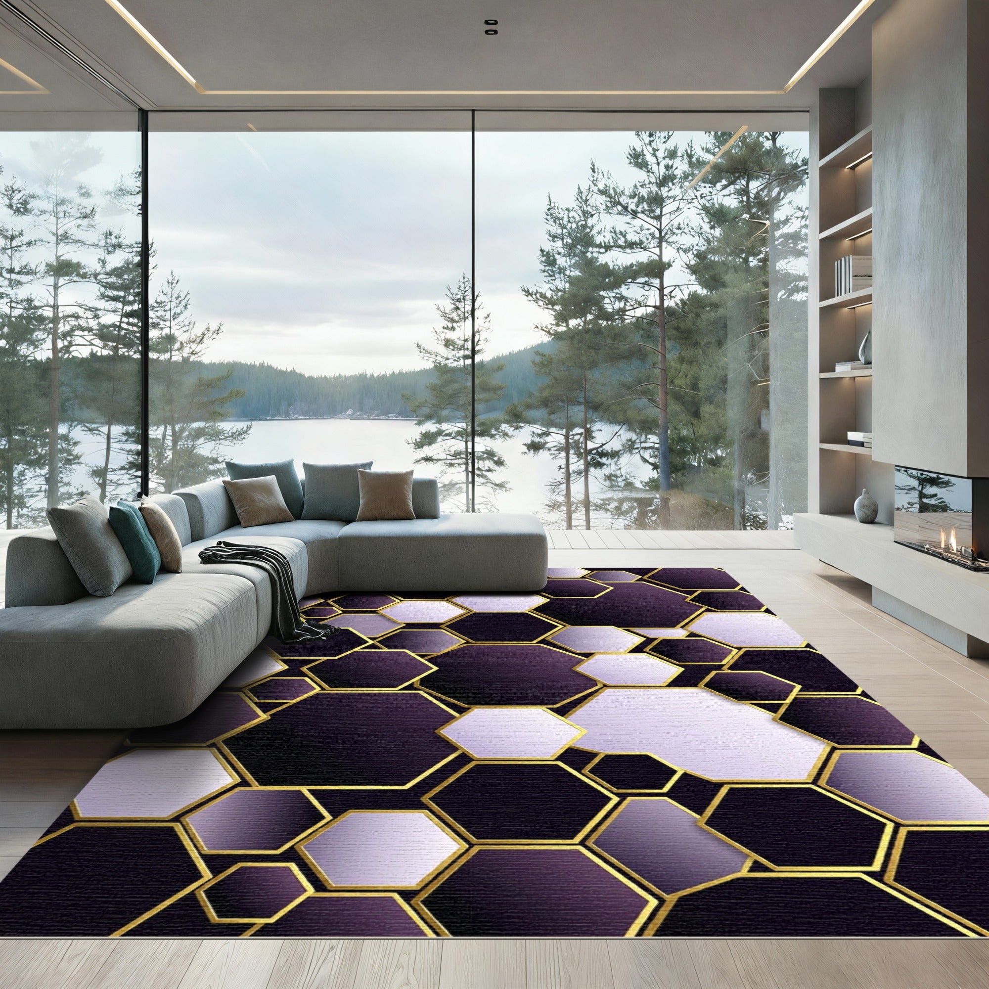 Sophisticated Purple Golden Geometric Hexagon Rug