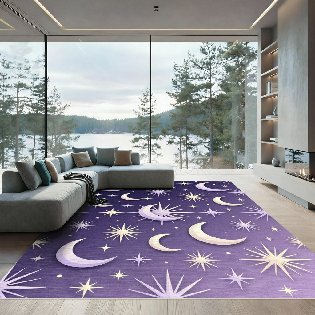 Celestial Midnight Lavender Starry Moon Rug