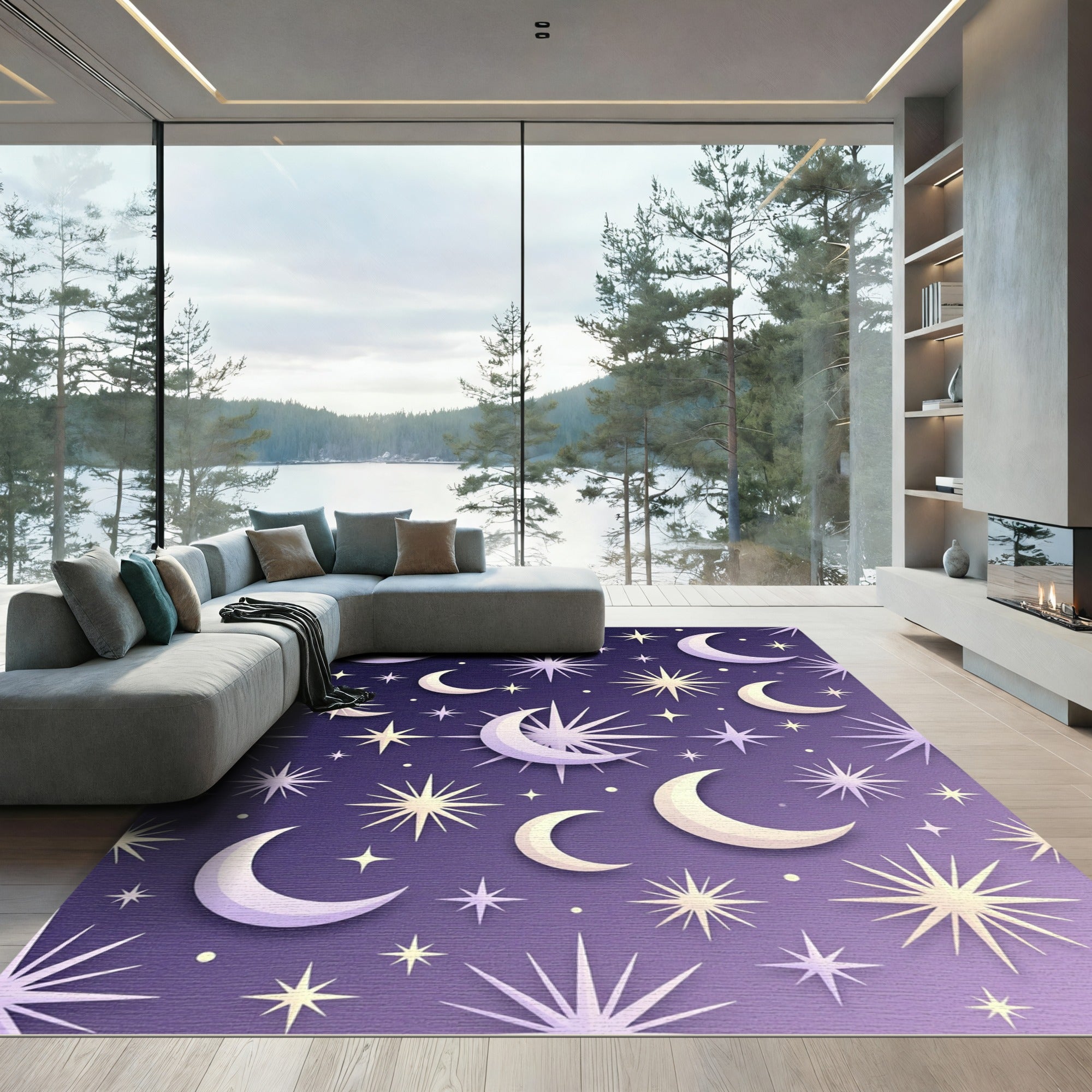 Celestial Midnight Lavender Starry Moon Rug