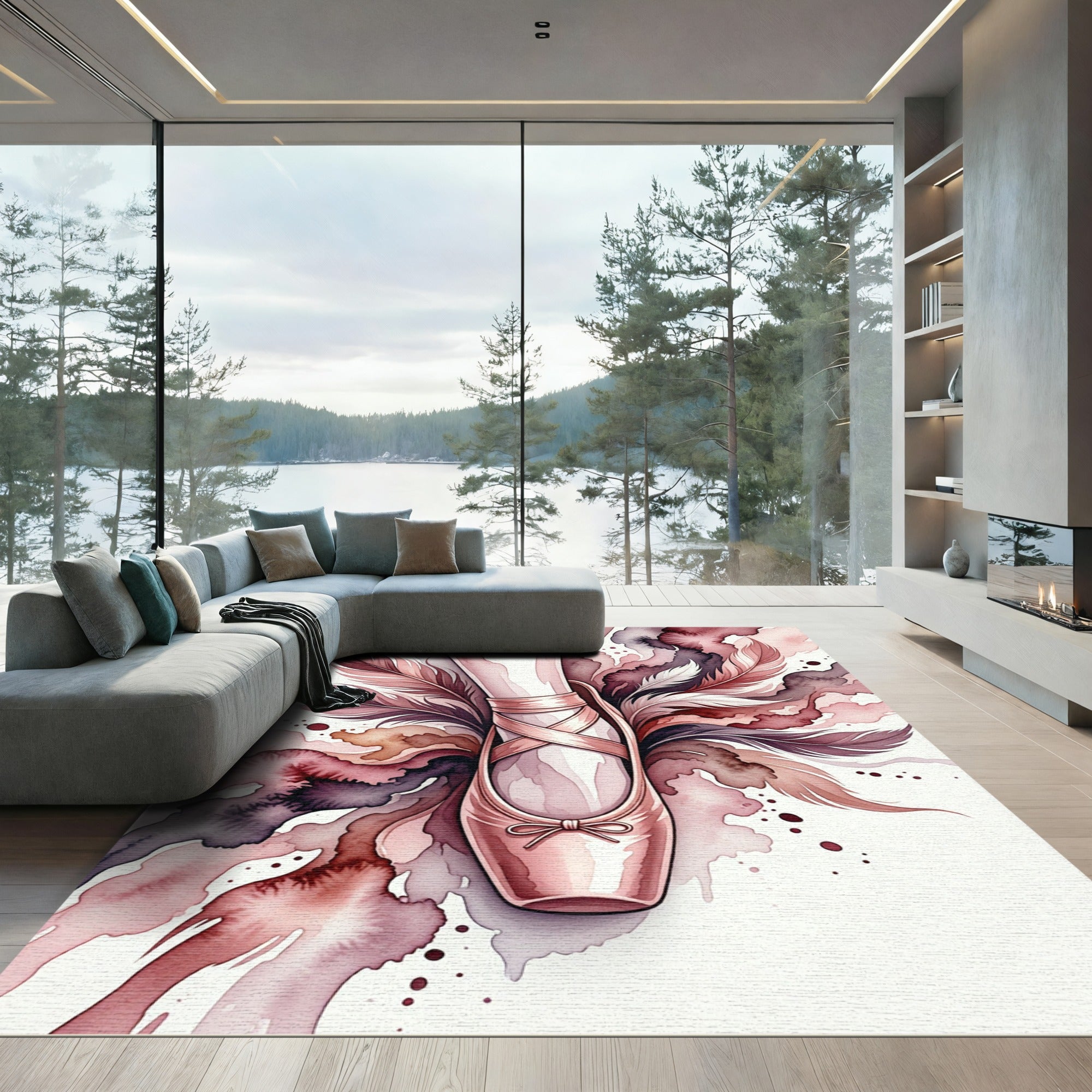 Whimsical Ballerina Pink Watercolor Feather Elegance Rug