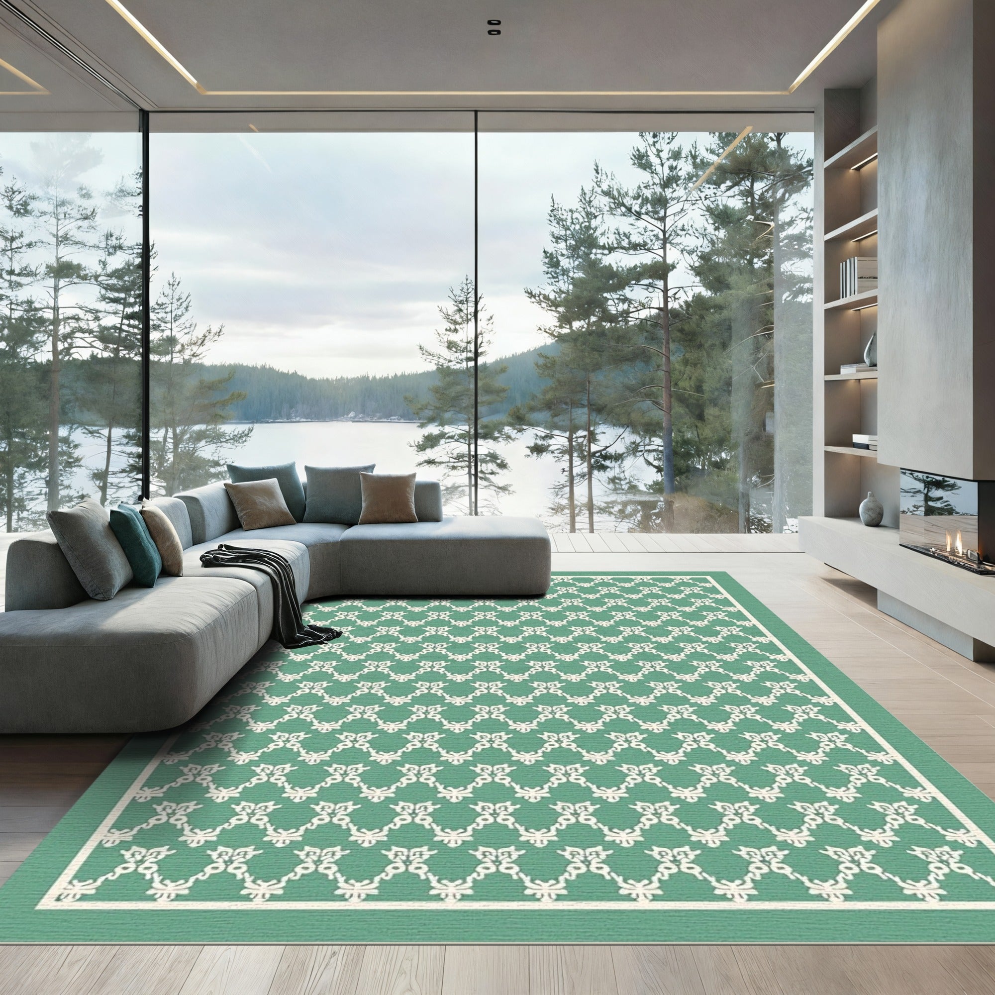 Teal White Repeating Interlocking Ornate Rug