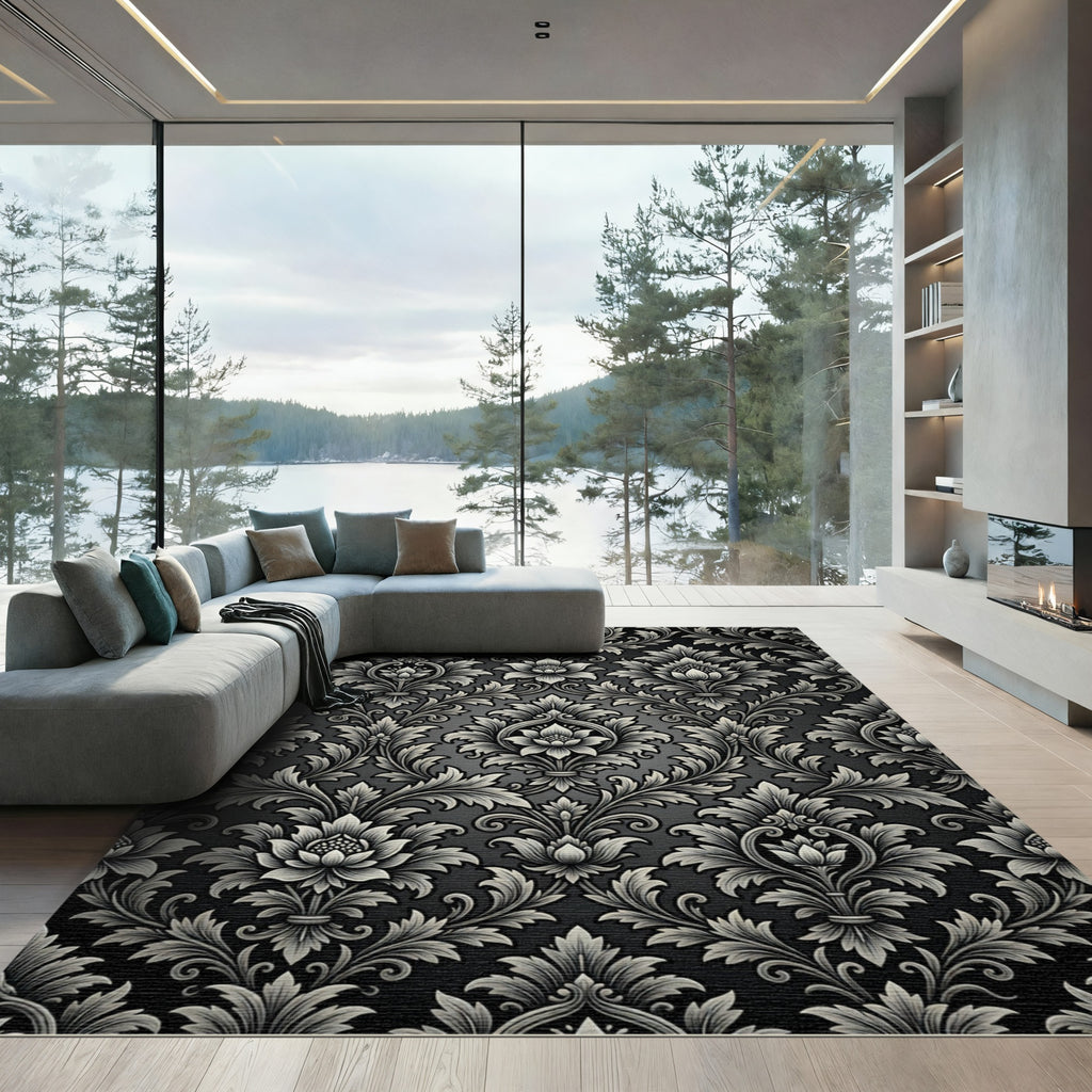 Elegant Monochrome Baroque Floral Damask Rug