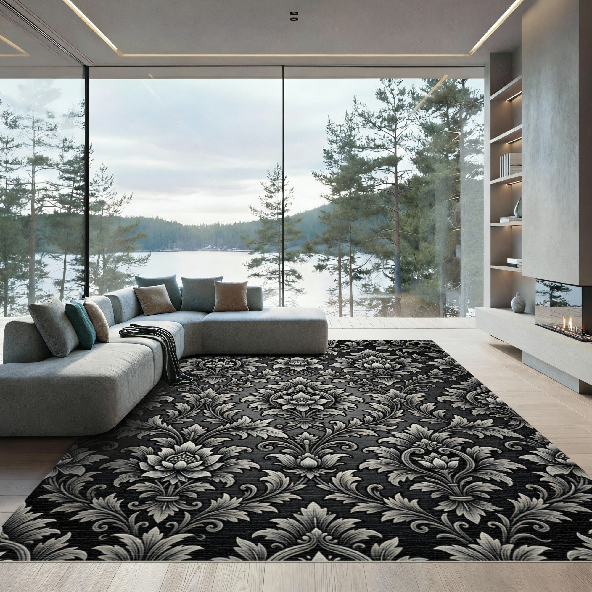 Elegant Monochrome Baroque Floral Damask Rug