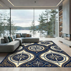 Vintage Navy Gold Nautical Compass Grid Rug