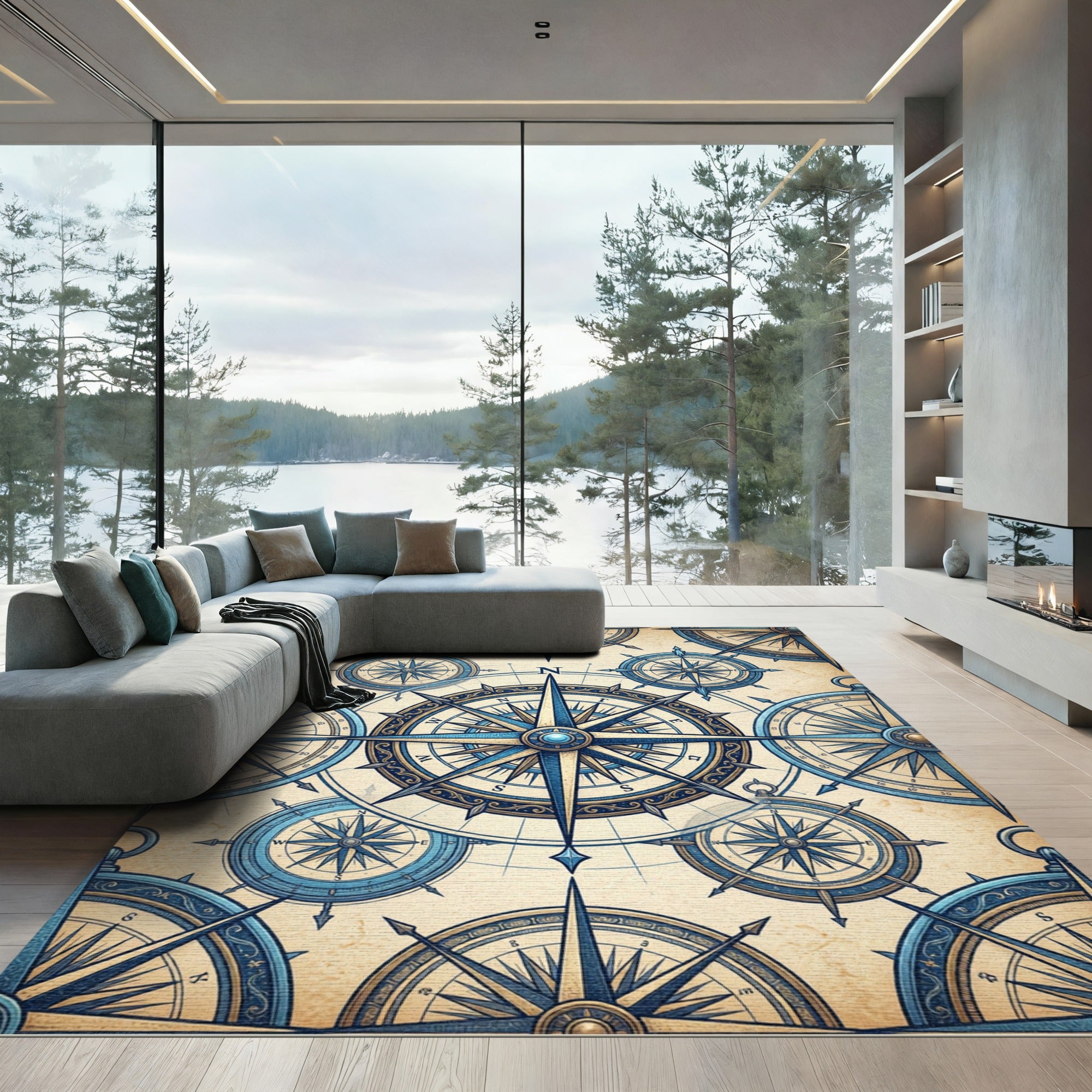 Vintage Nautical Blue Compass Star Medallion Rug